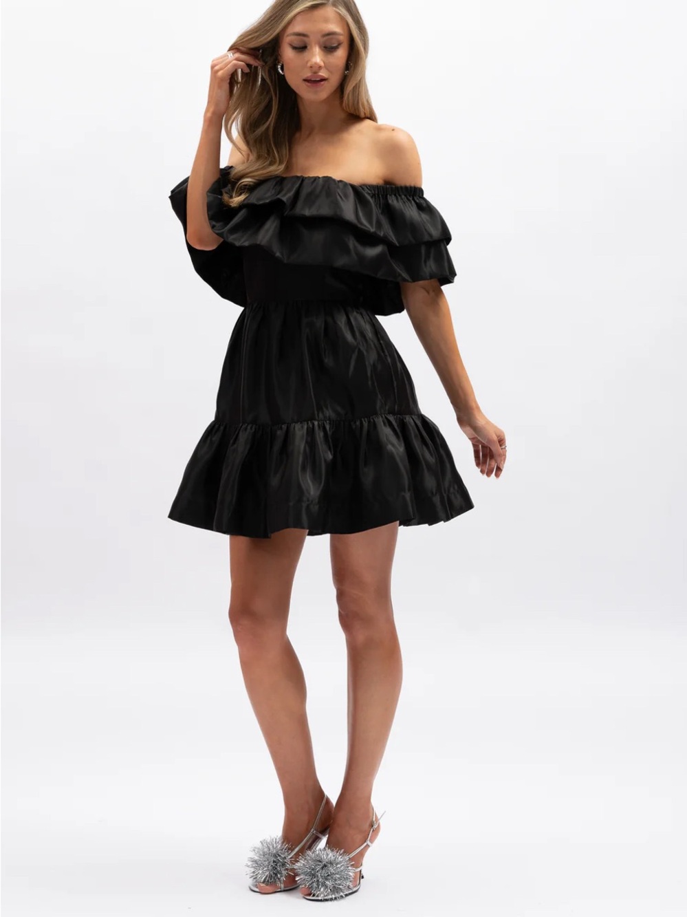 Aureta Off-Shoulder Ruffle Tiered Dress - Black